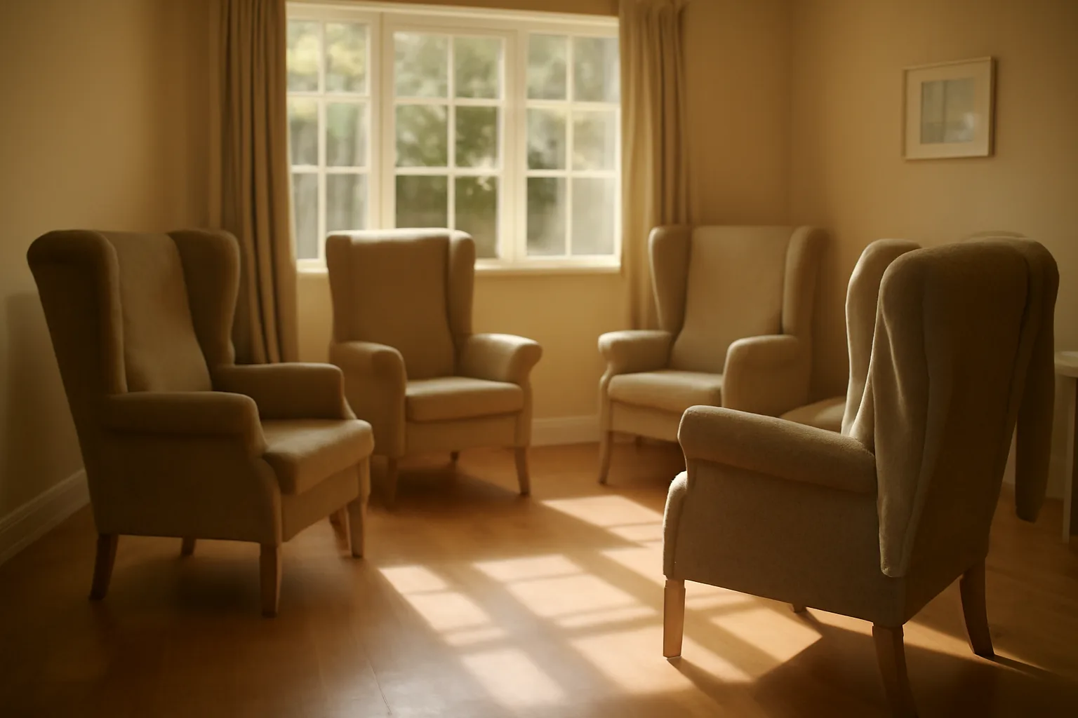 Sunlit common room in a small assisted living residential care home