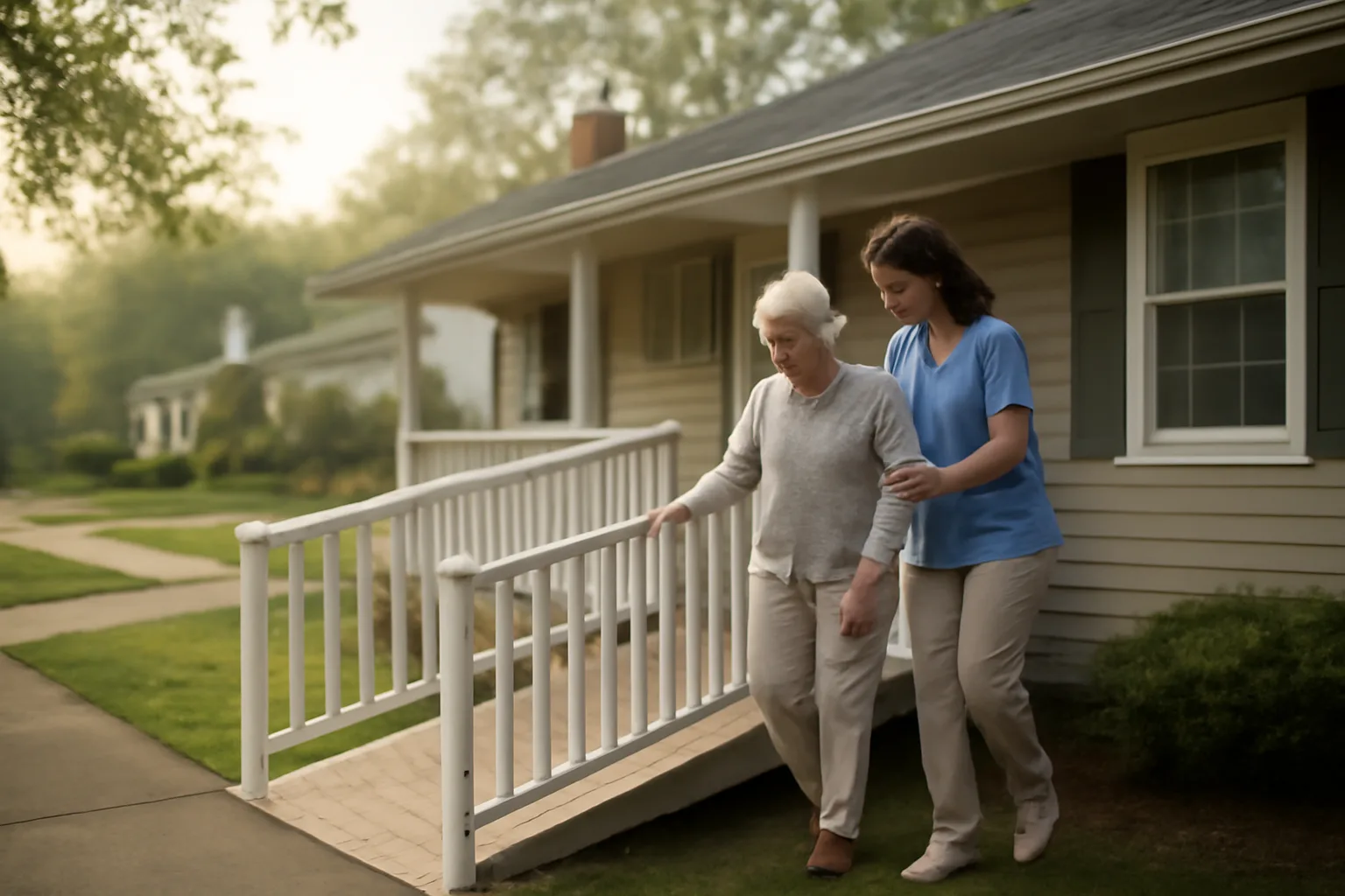 Caregiver helping a senior down a ramp outside a converted assisted living group home