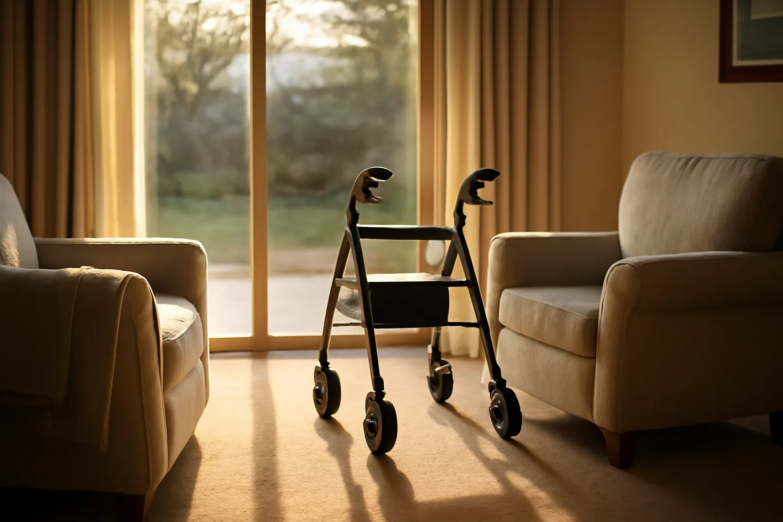 Sunlit living room in a central Florida assisted living facility with a walker by the door