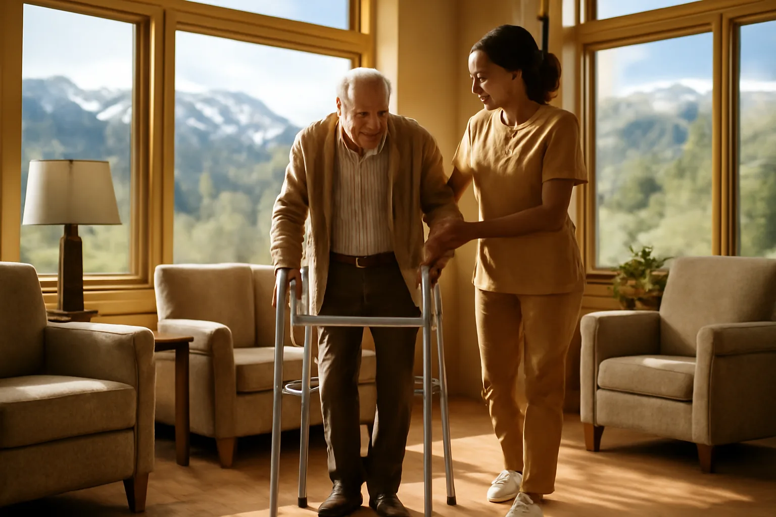 Caregiver assisting an older adult in a bright Colorado assisted living residence living room