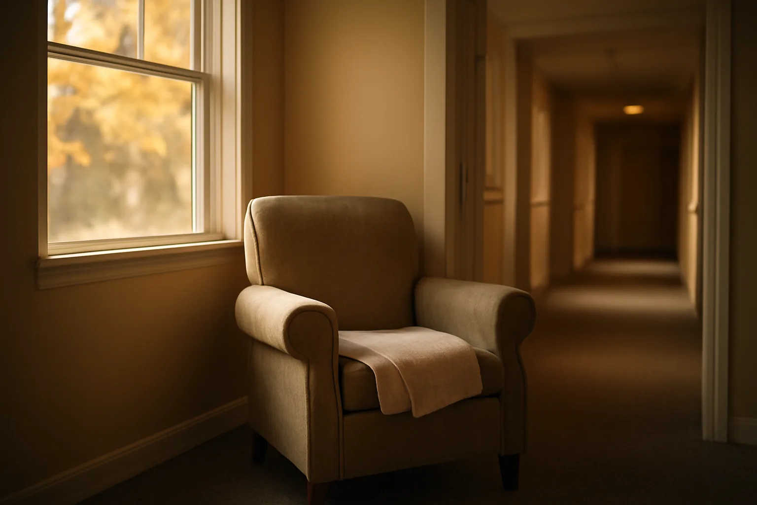Sunlit common room in a Denver assisted living residence with an empty armchair by a window