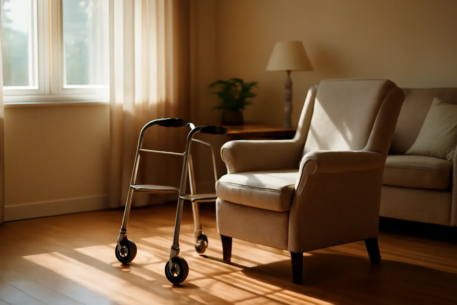 Sunlit shared living room in a Florida assisted living facility with an empty armchair and walker