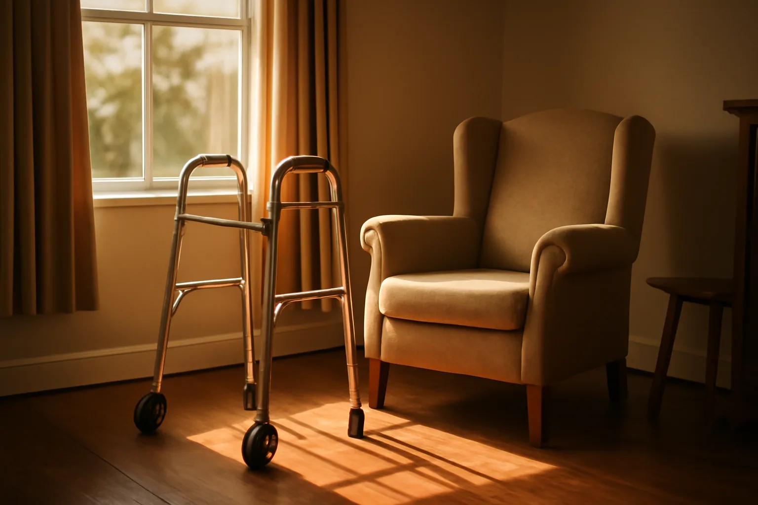 Sunlit living room in an assisted living residence with an empty armchair and walker