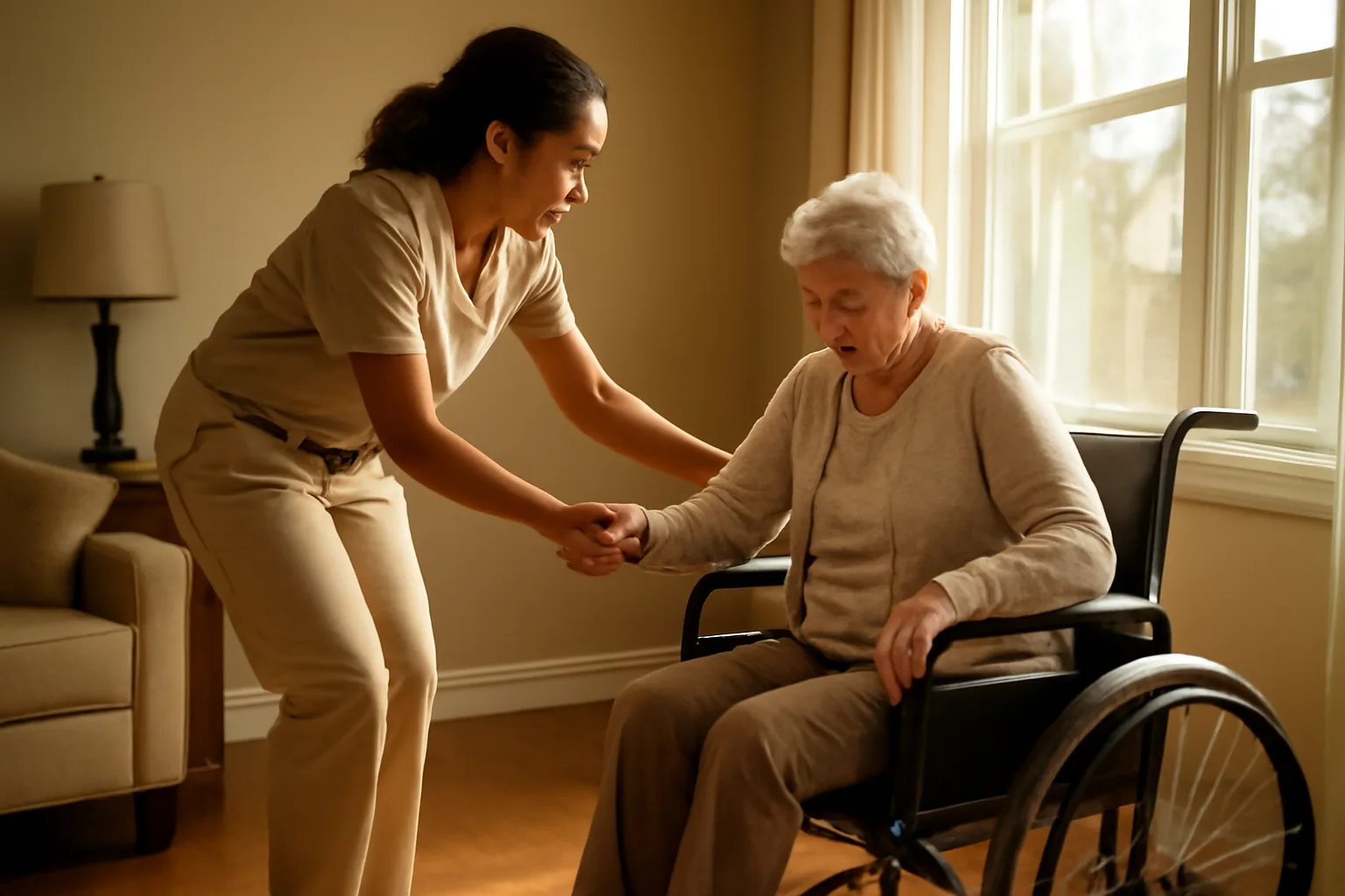 Caregiver assisting an older adult in a bright Minneapolis assisted living common room