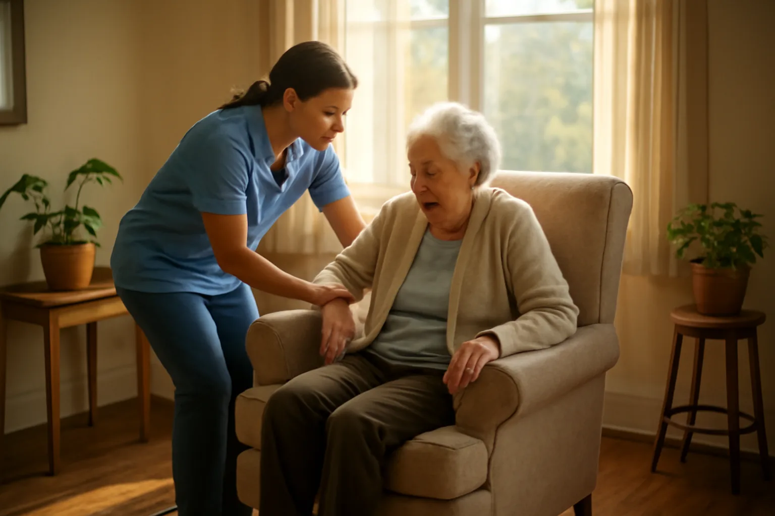 Caregiver helping an elderly resident into a chair in a sunlit assisted living home living room