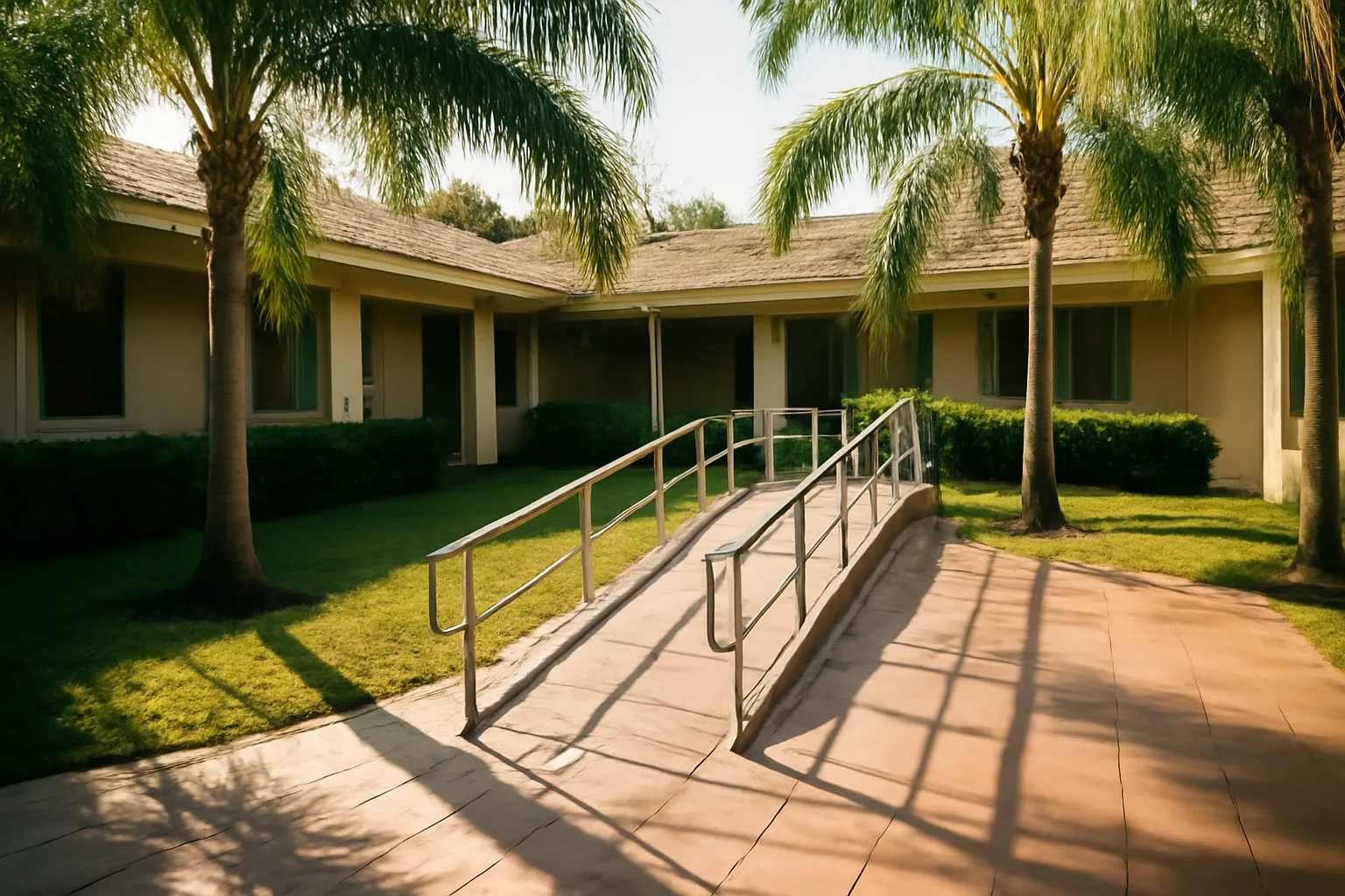 Courtyard and ramp entrance of an assisted living building in South Florida