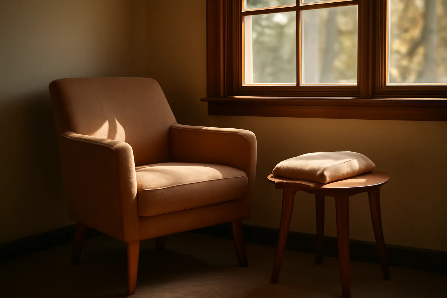 Sunlit common room armchair in a Virginia assisted living residence