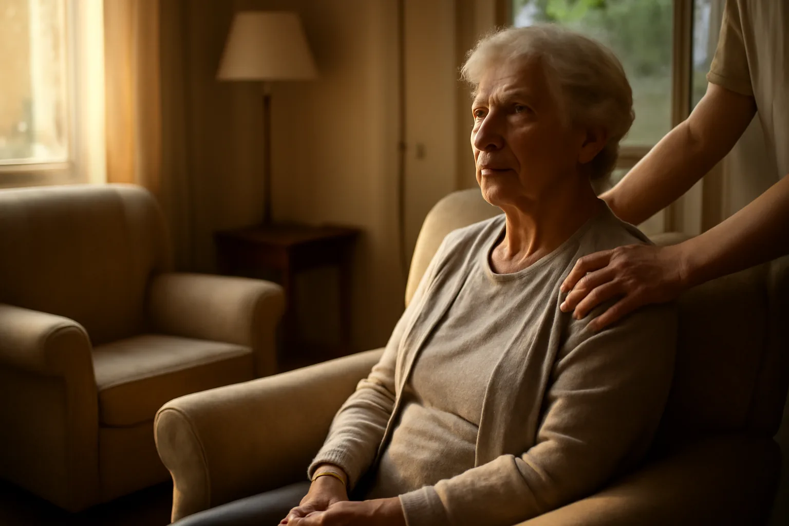 Caregiver and elderly resident in a sunlit assisted living facility living room in Virginia