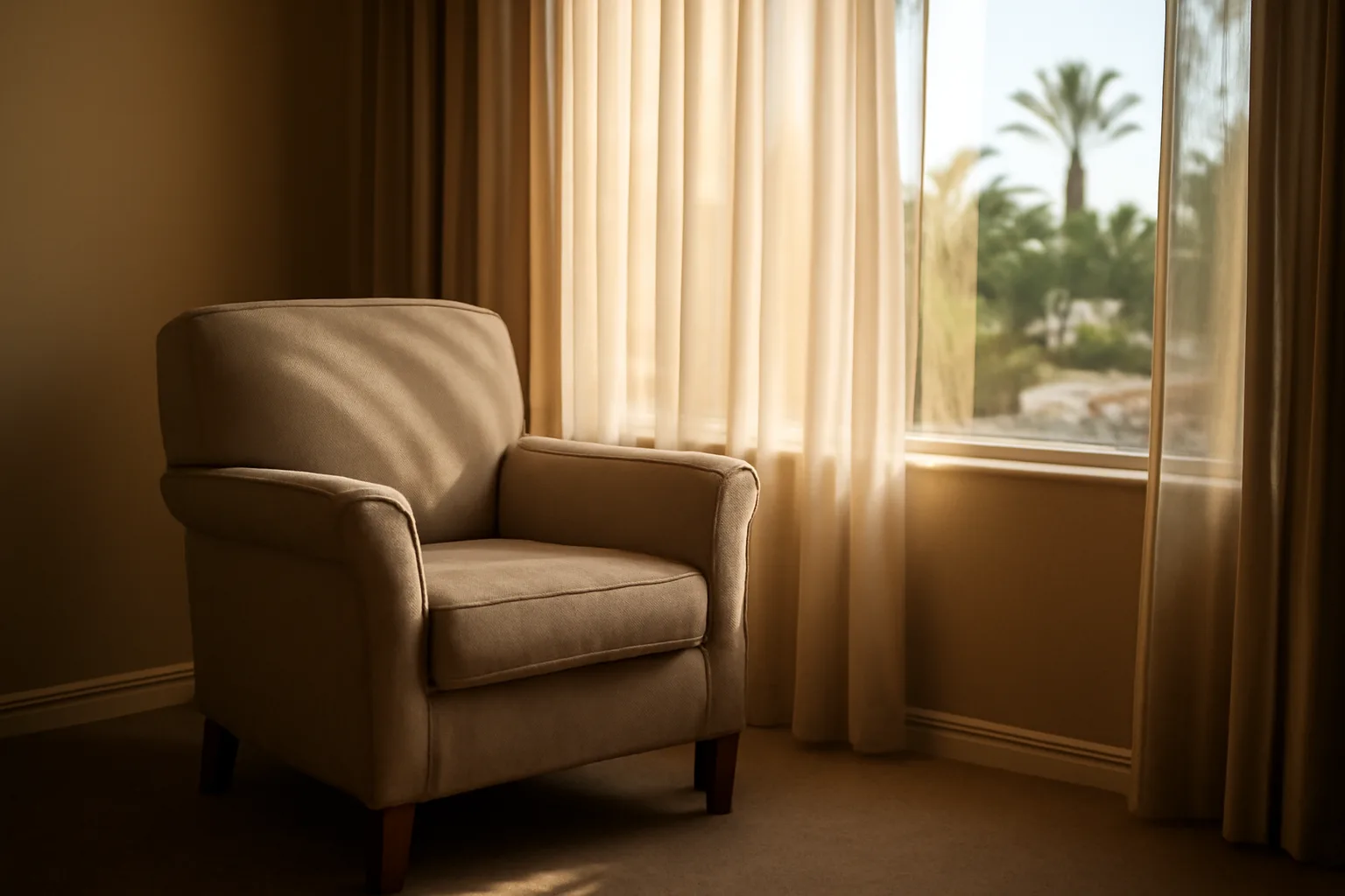 Sunlit common room in a Las Vegas assisted living home with desert view through window