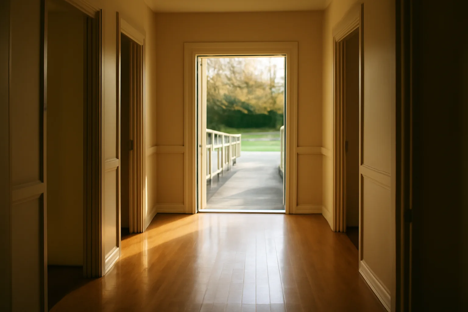 Sunlit hallway inside a licensed residential assisted living facility with ramp access