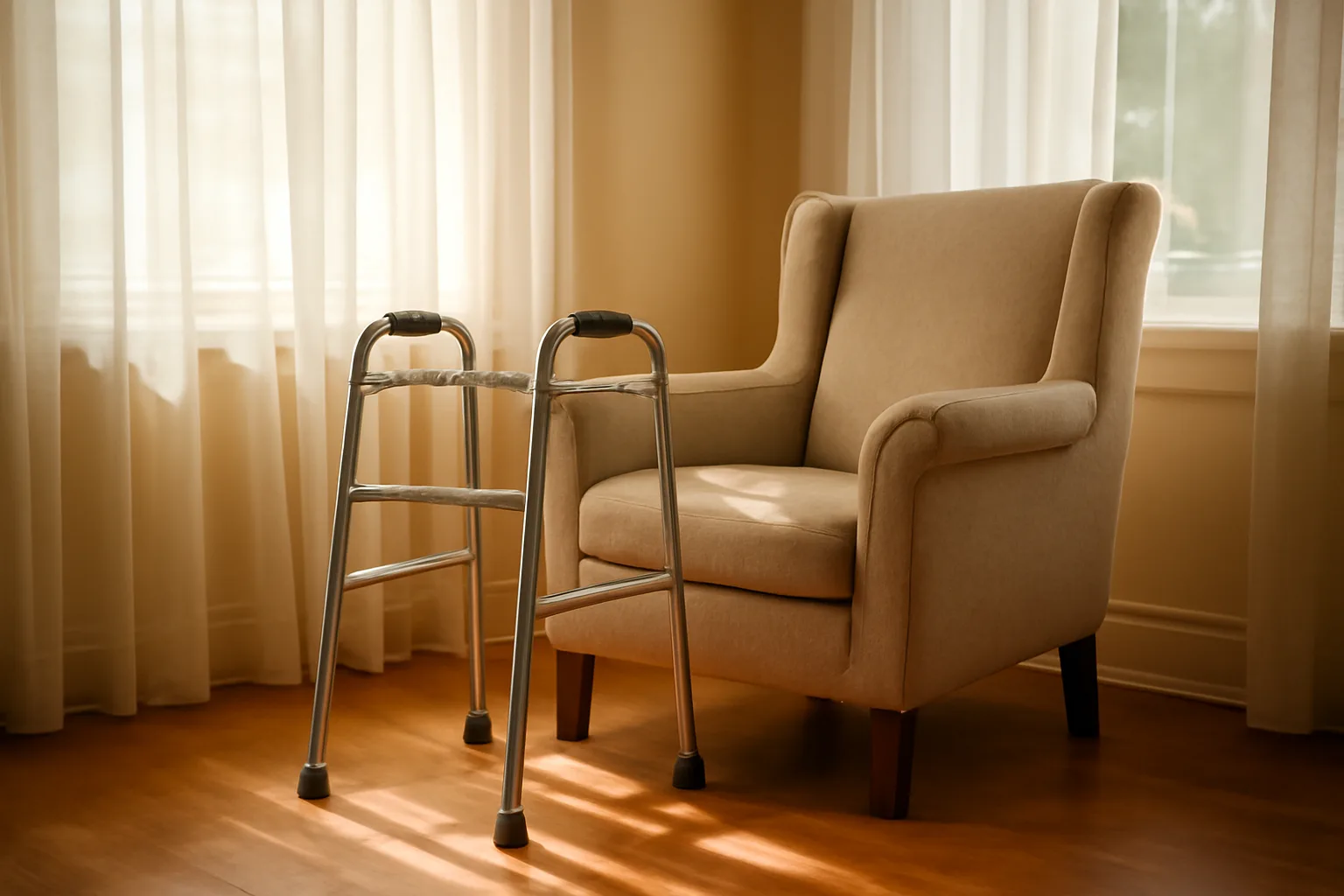 Sunlit living room in a residential assisted living home with an empty armchair and walker