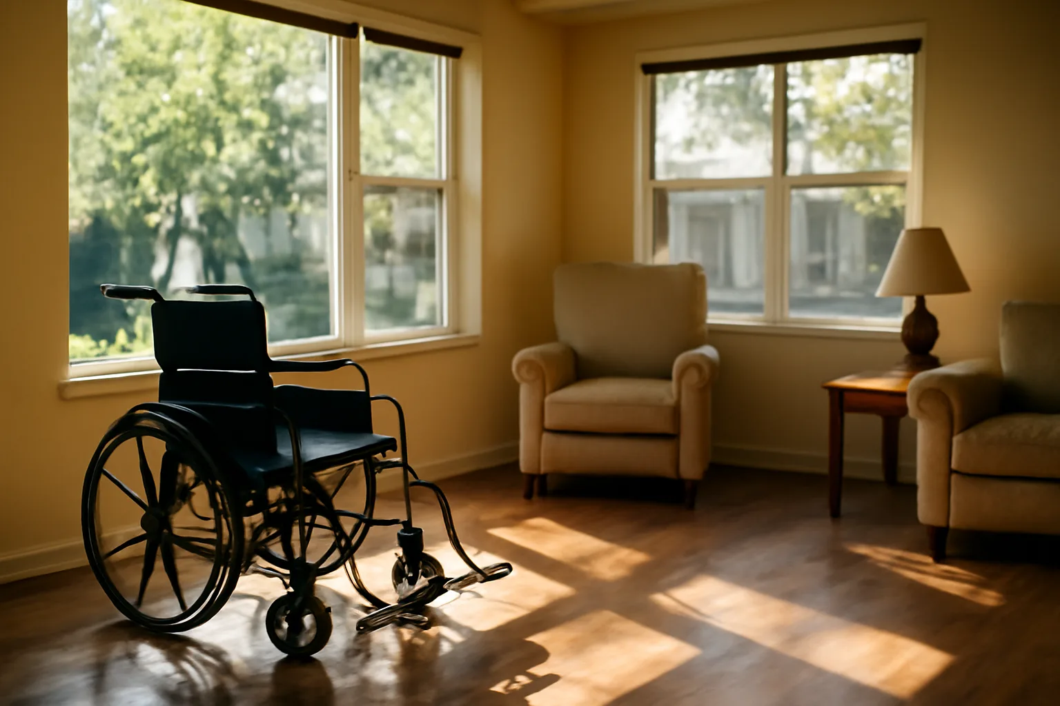 Sunlit living room in a California assisted living facility with an empty armchair by a window