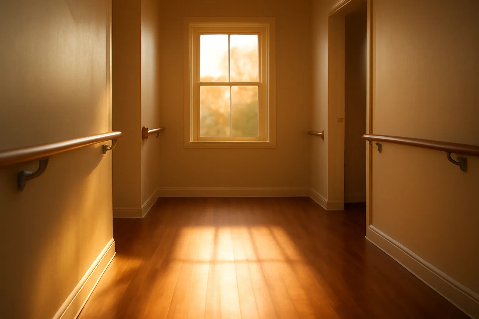 Sunlit hallway with handrails inside a Georgia assisted living residential building