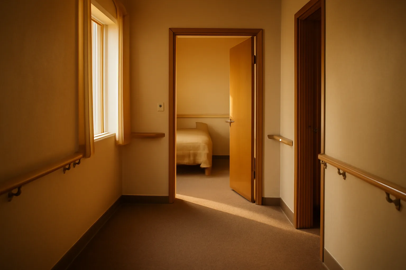 Sunlit hallway with handrails inside a licensed assisted living residential facility