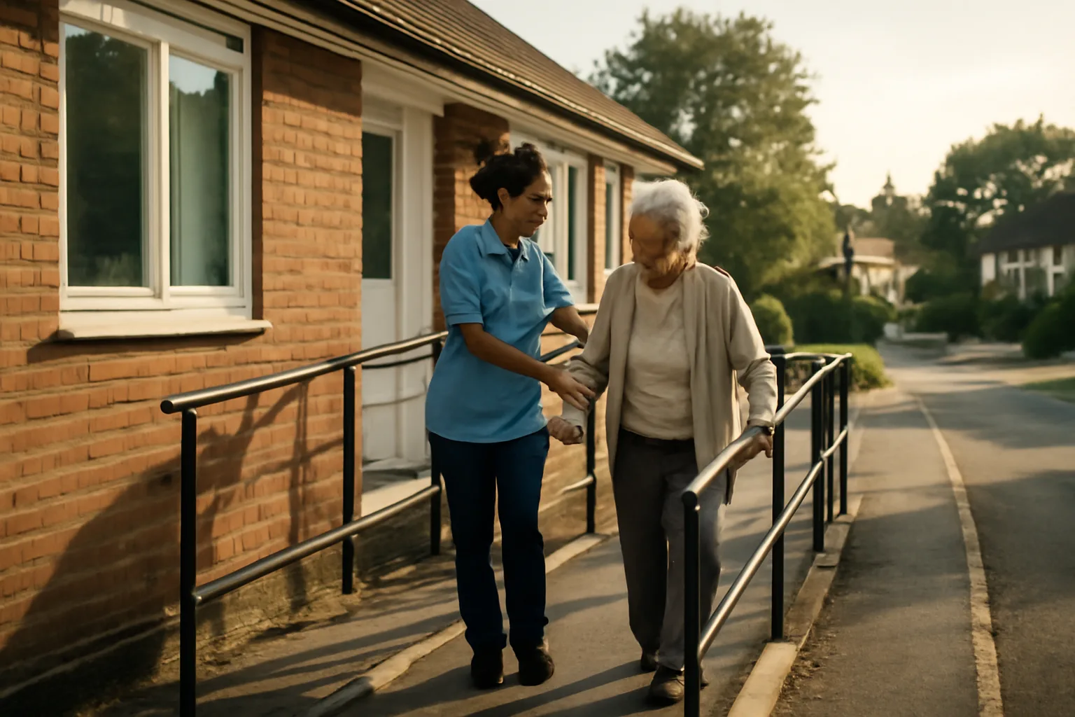 Caregiver assisting a resident down a ramp at a licensed assisted living group home