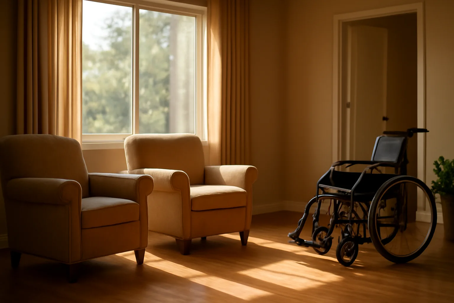 Sunlit living room inside a California assisted living residential care home