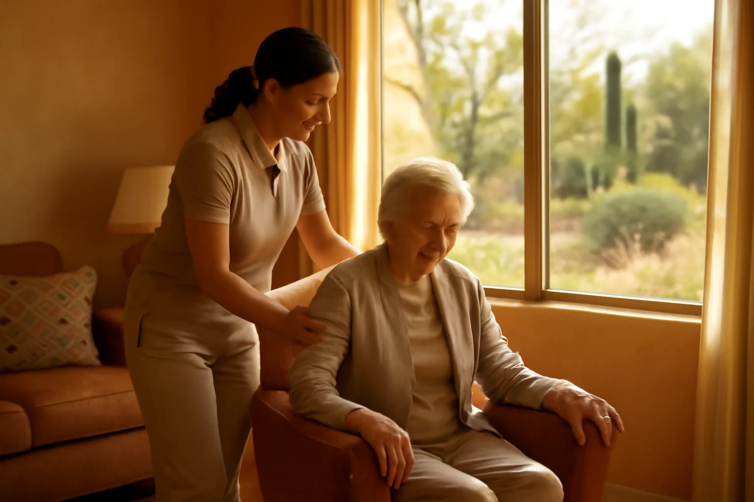 Caregiver assisting a senior resident in an Arizona assisted living home living room