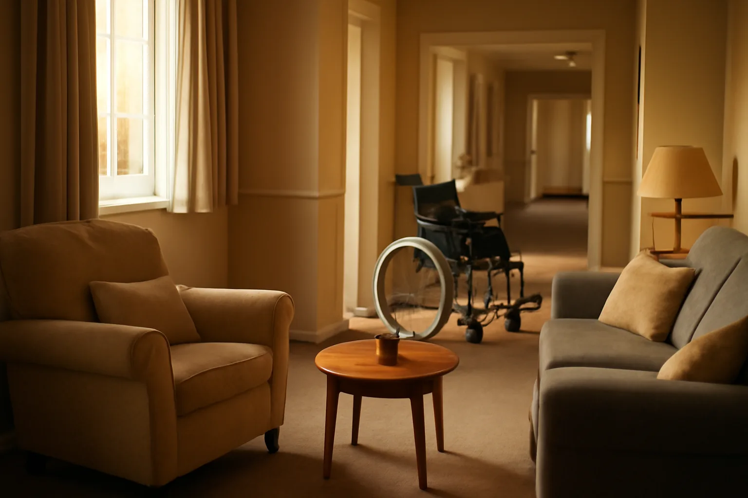 Empty accessible hallway inside a Texas assisted living facility during afternoon light