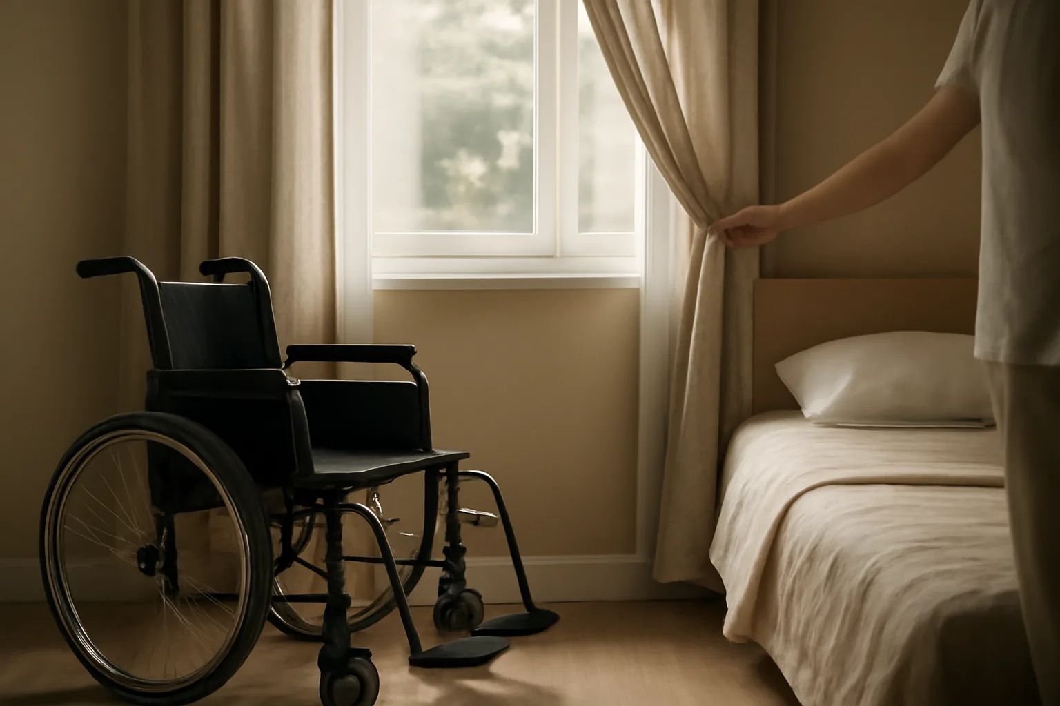 Sunlit common room in a small assisted living residence with an empty wheelchair near a window