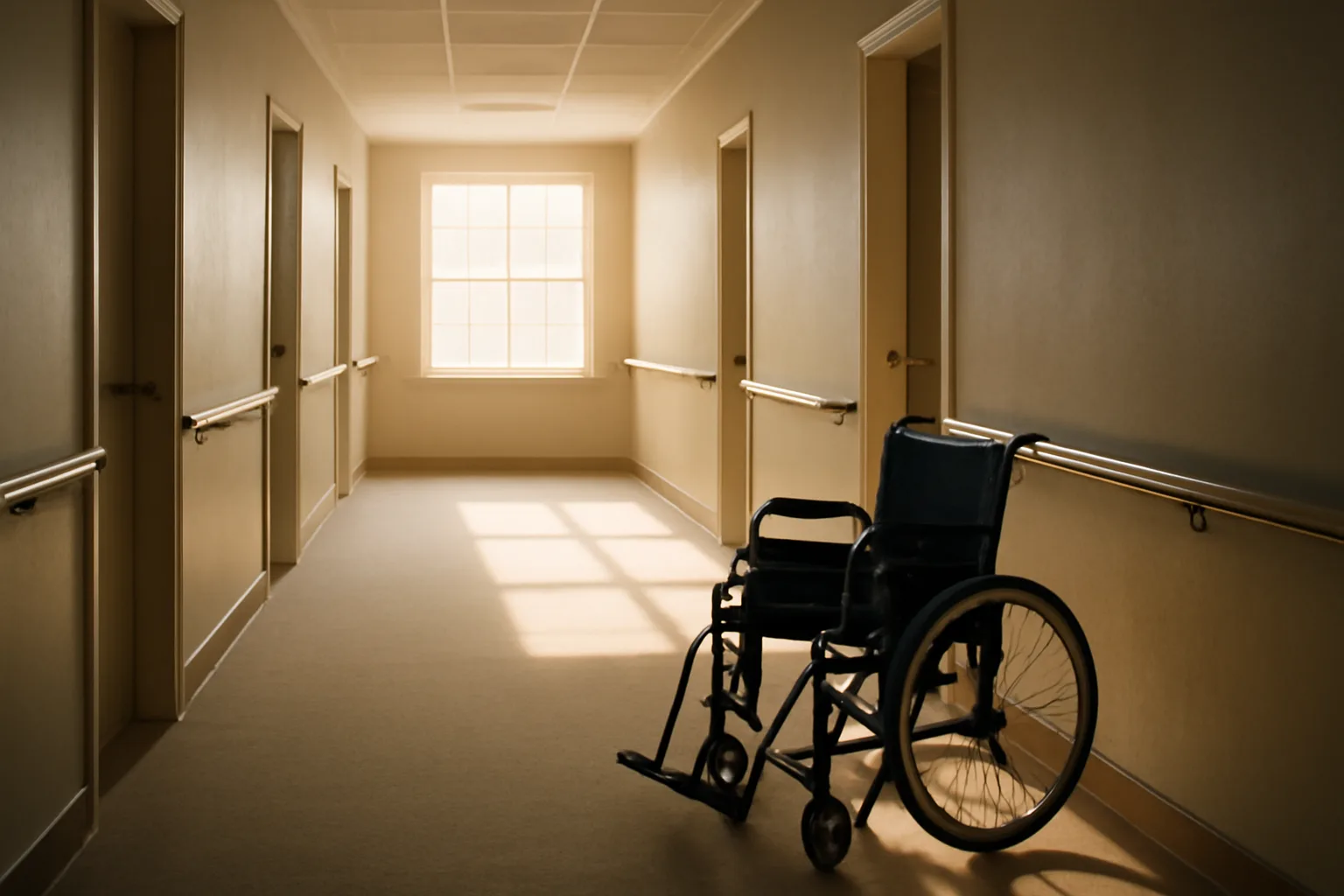 Bright hallway with handrails inside a Minnesota assisted living facility