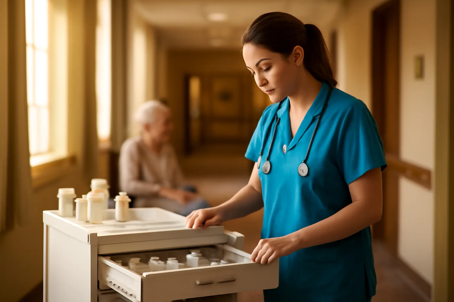 Nurse checking a medication cart in an assisted living facility hallway