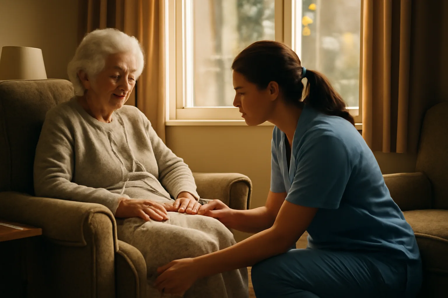 Caregiver and older resident in a small assisted living nursing home living room