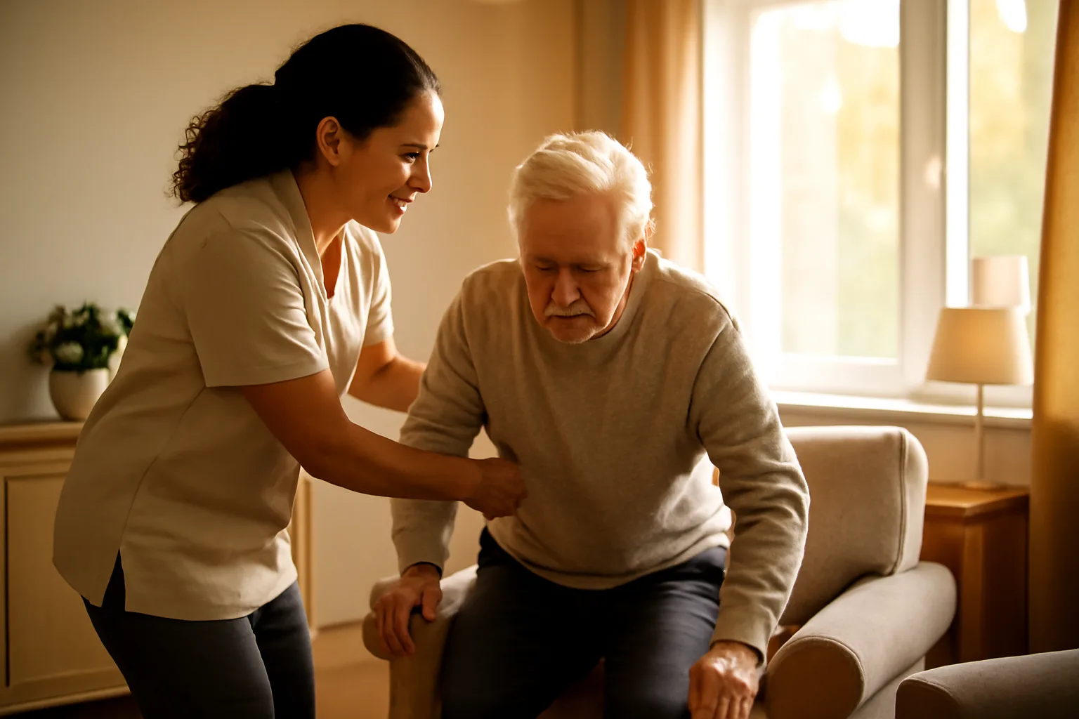 Caregiver assisting an older adult in a residential care home living room