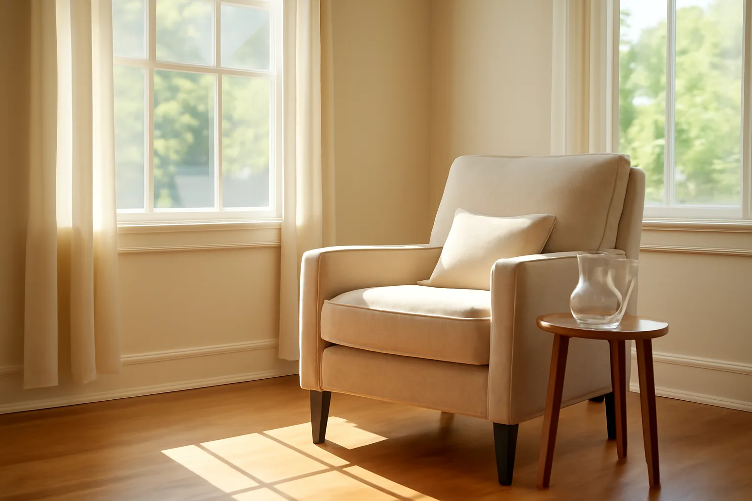Sunlit living room in a residential care home showing assisted living style setting