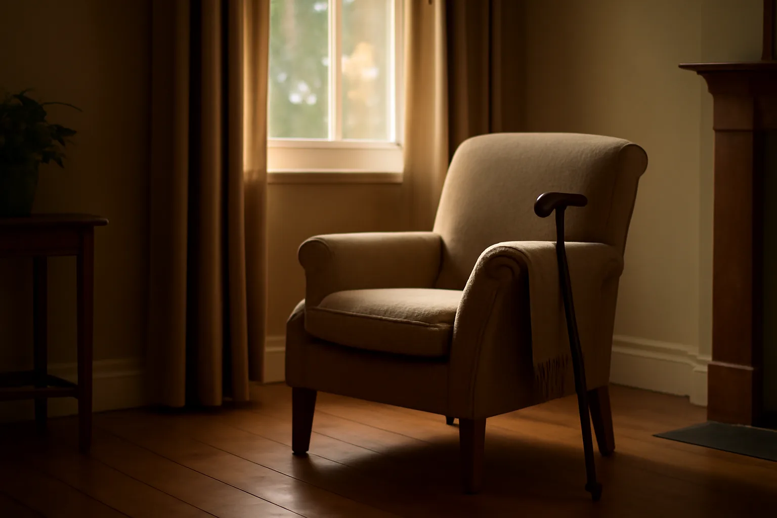 Sunlit living room in a small residential assisted living home with an empty armchair