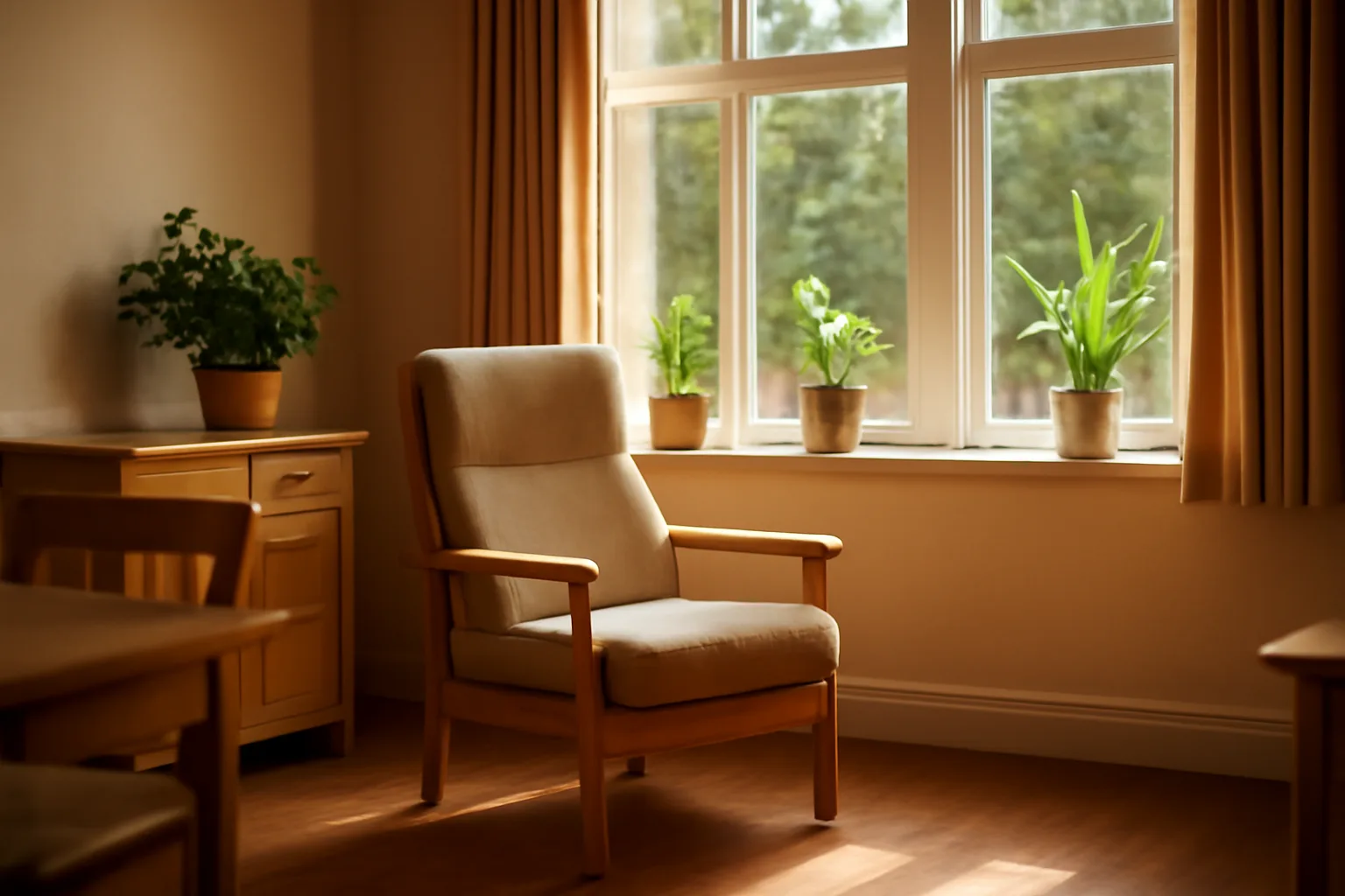 Sunlit common room with an armchair by a window in a small assisted living place