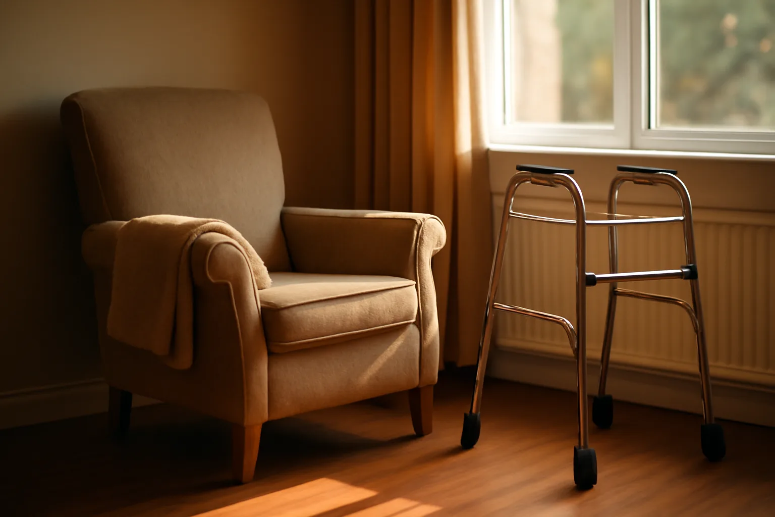 Sunlit living room in a residential assisted living home with an empty chair and walker