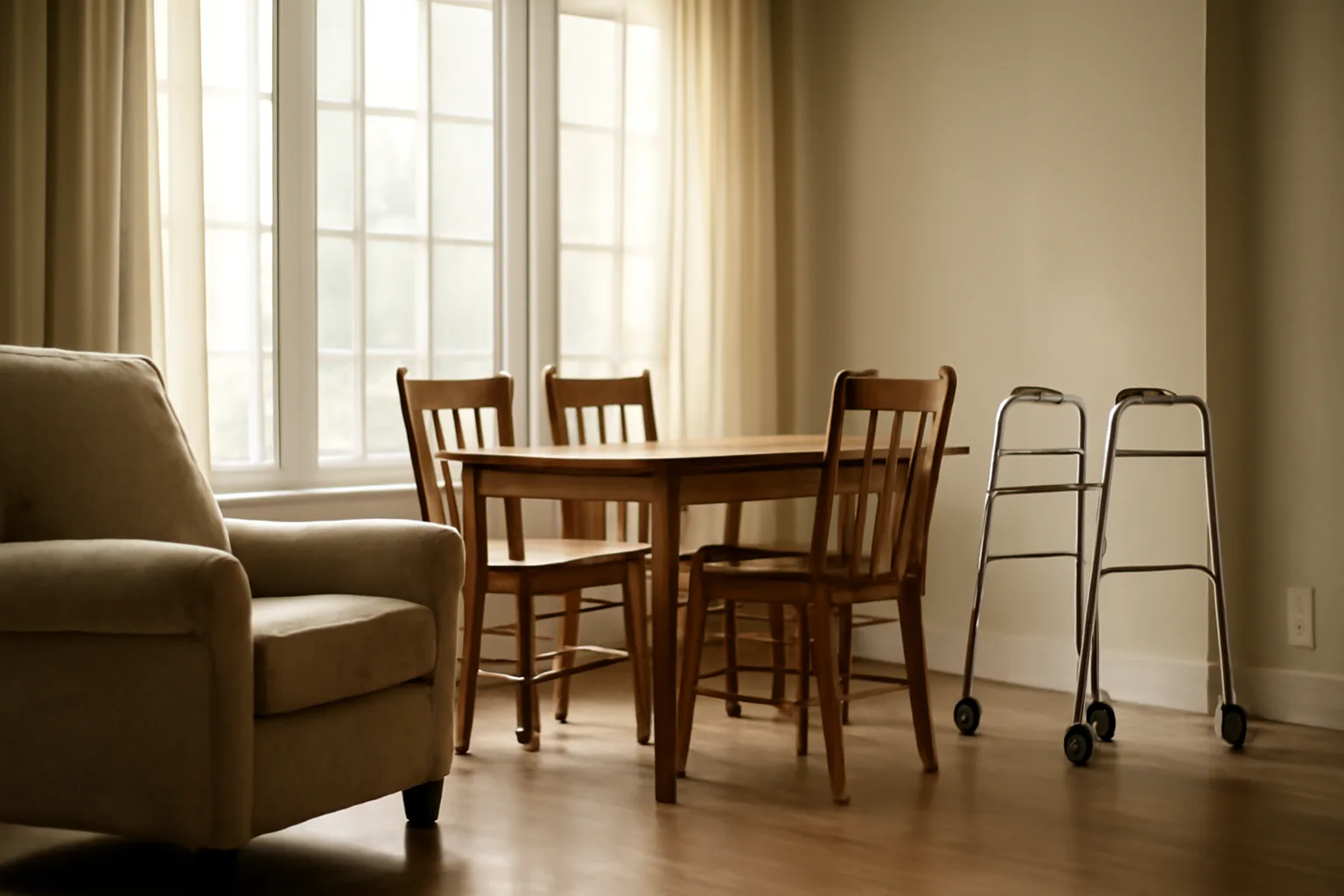 Sunlit common room in a Florida assisted living facility with chairs and a walker