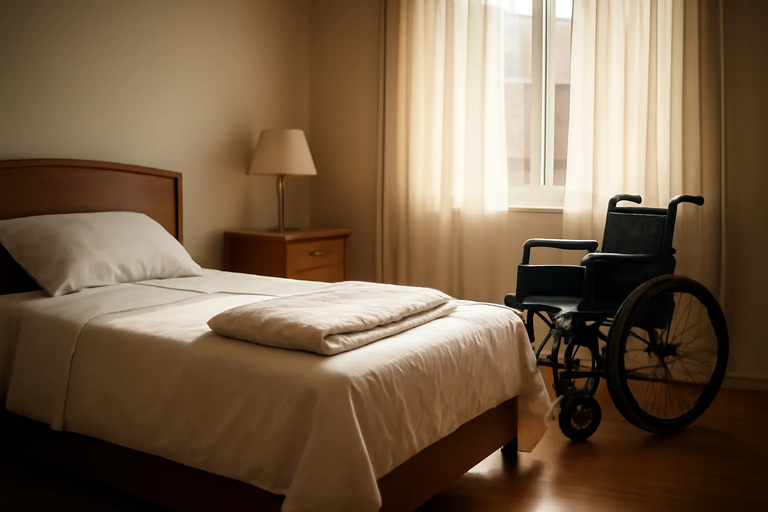 Sunlit private bedroom in an Illinois assisted living residence with a wheelchair by the window