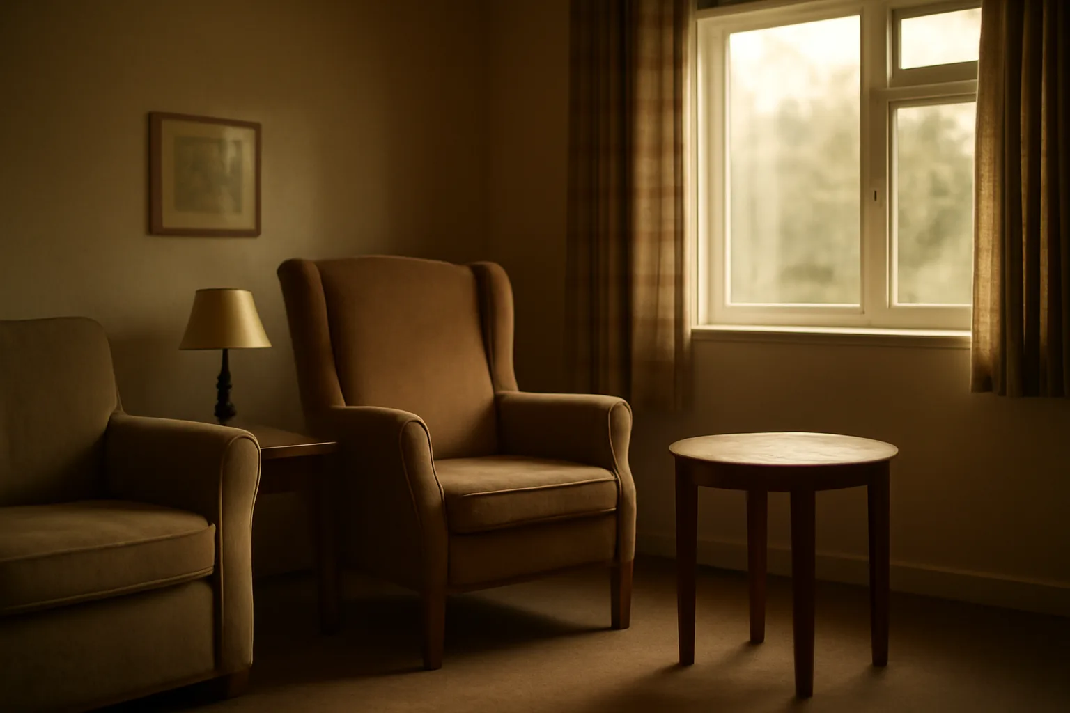 Sunlit living room in a licensed Illinois assisted living residence with an armchair