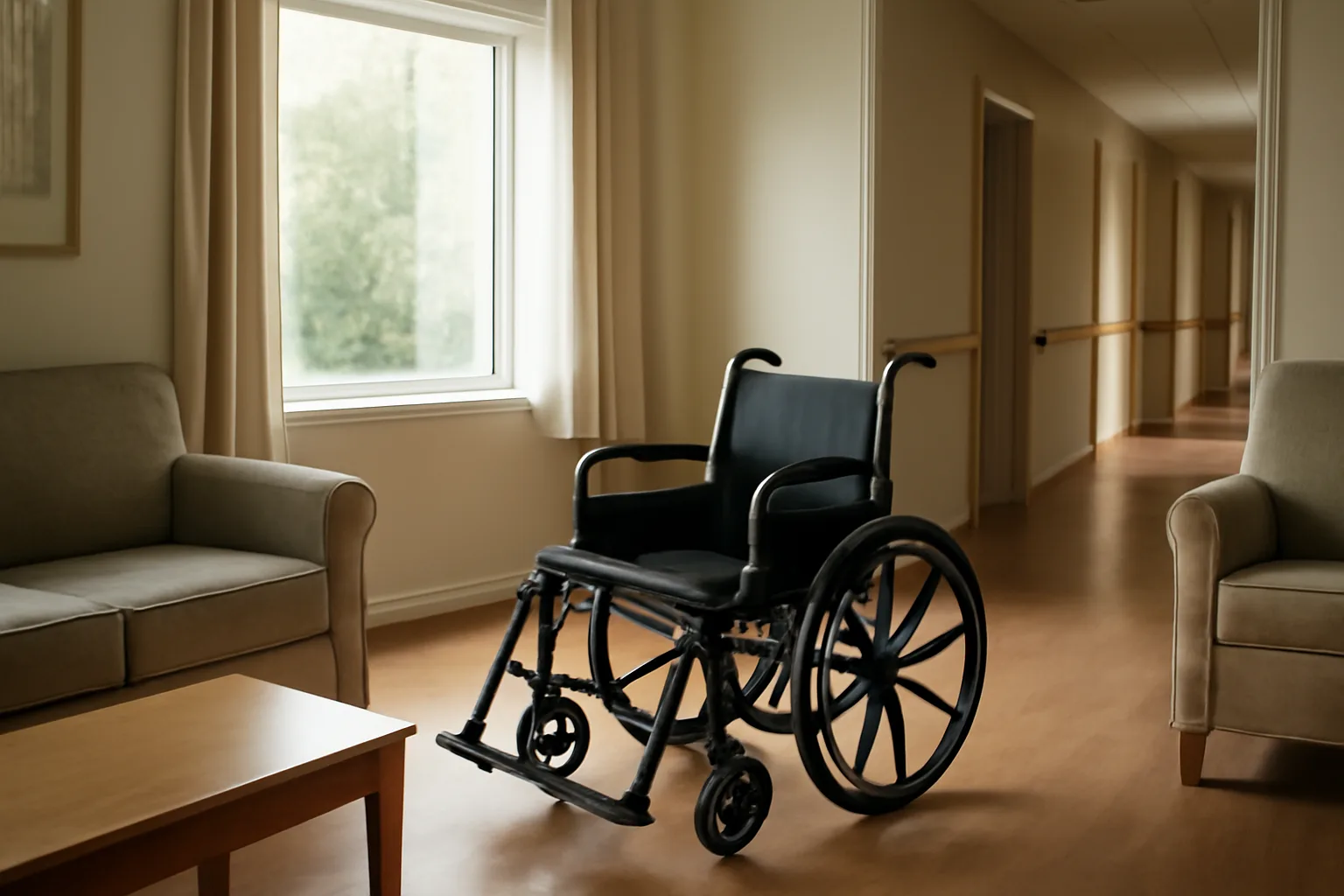 Sunlit living room hallway inside a Virginia assisted living facility with handrails