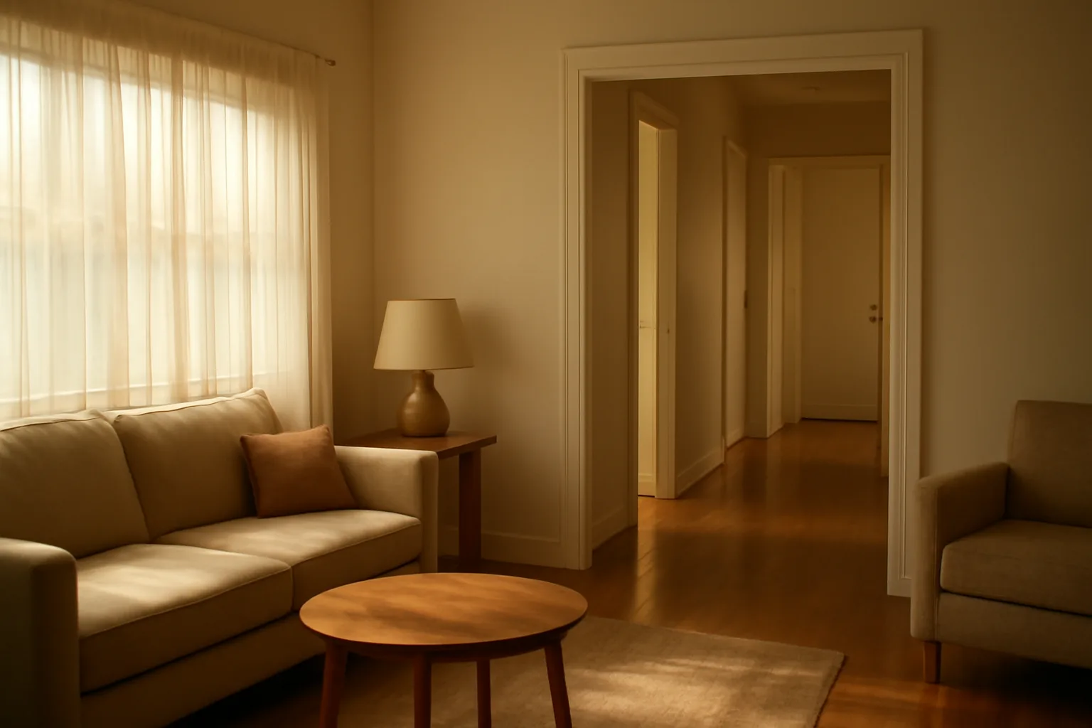 Sunlit hallway and living room inside a licensed Texas assisted living residential facility