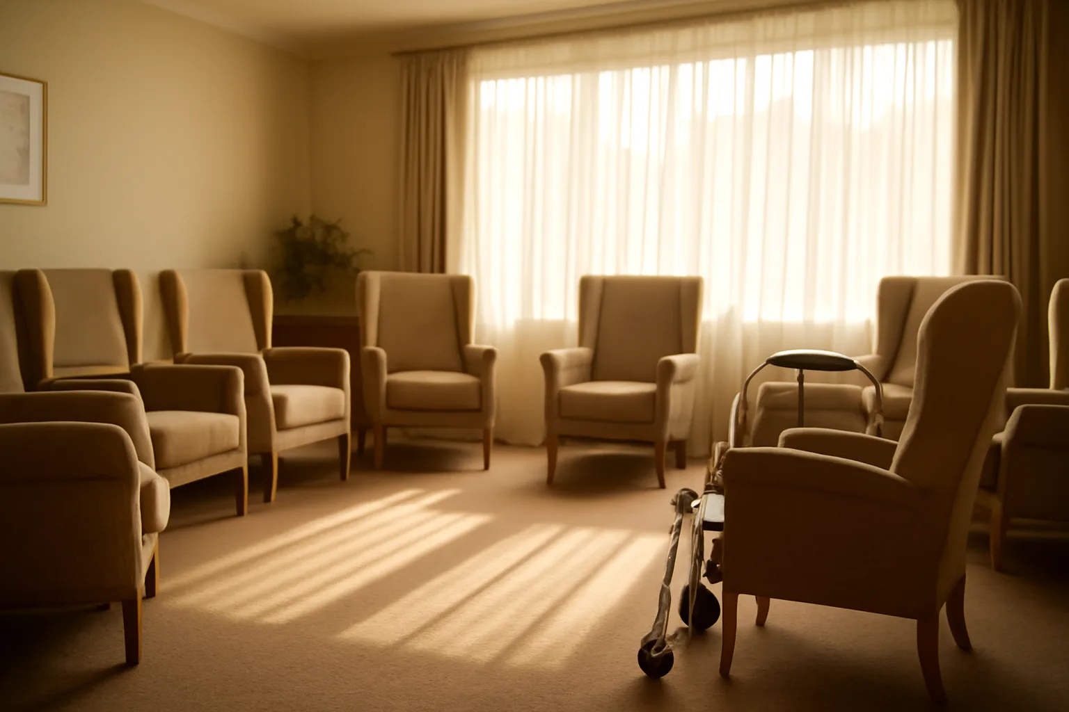 Empty sunlit living room in a residential assisted living home with armchairs and a walker