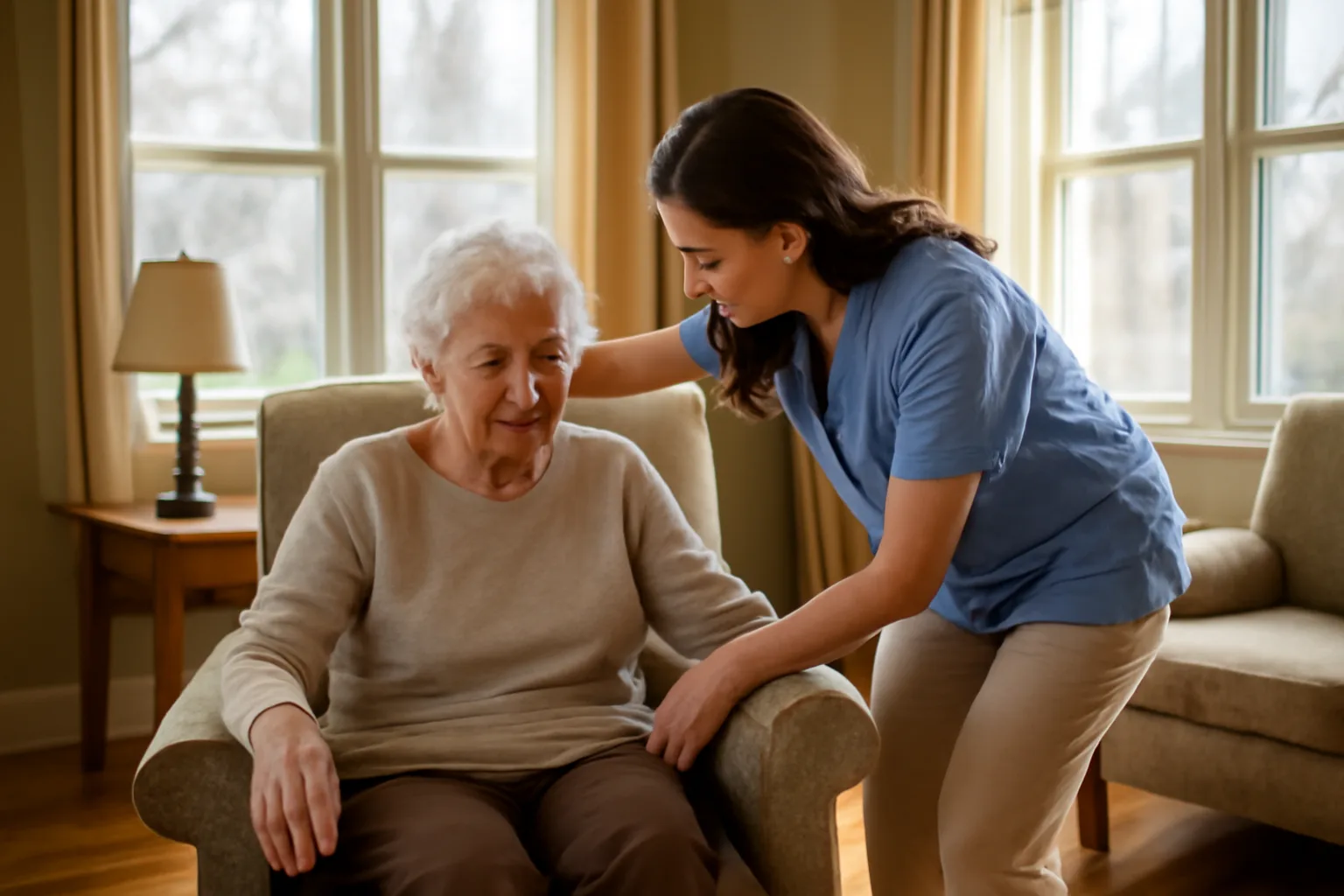 Caregiver assisting older adult in a bright Minnesota assisted living facility living room