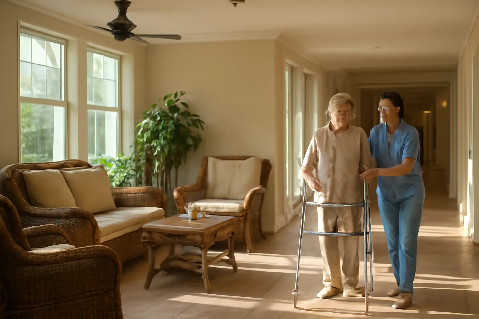 Caregiver assisting an elderly resident in a sunlit Florida assisted living facility hallway