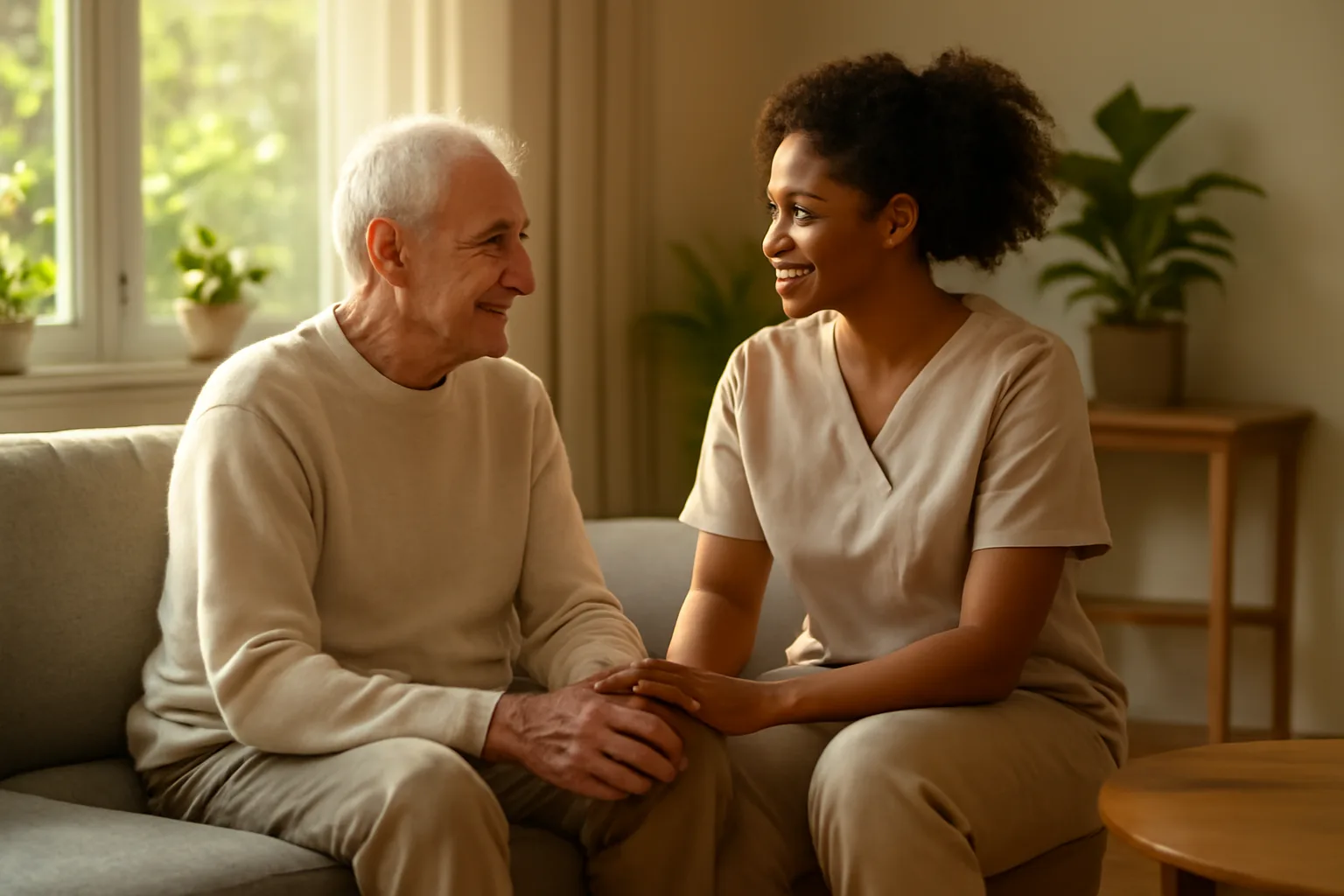 Caregiver and senior resident in a sunlit Texas assisted living facility living room