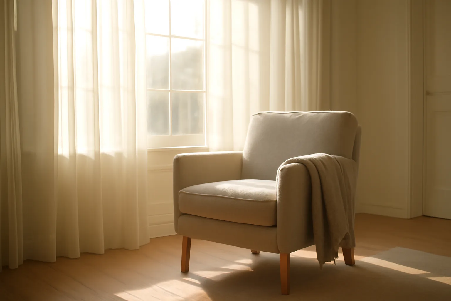 Sunlit living room in a Virginia residential care home with an empty armchair by the window