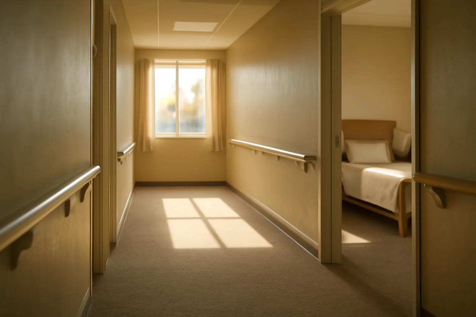 Sunlit hallway in a licensed assisted living facility showing assisted living requirements for building safety