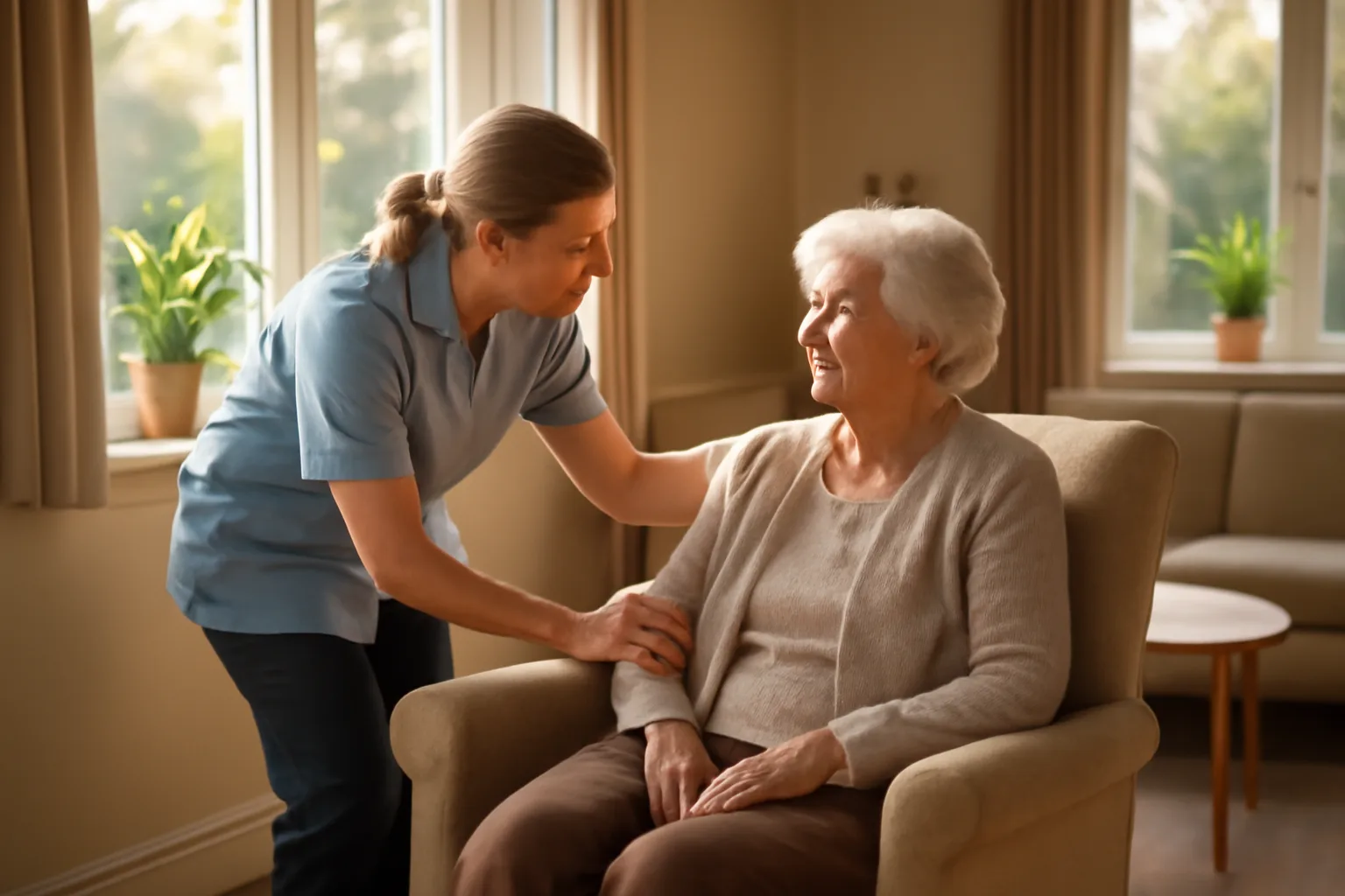 Caregiver helping an older adult in a sunlit assisted living residence common room