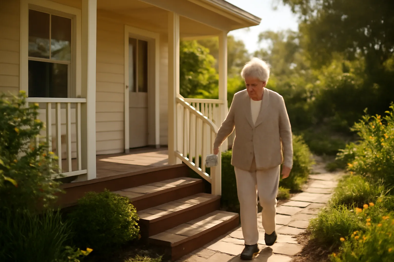 Elderly woman walking down porch steps of a California assisted living home in morning light