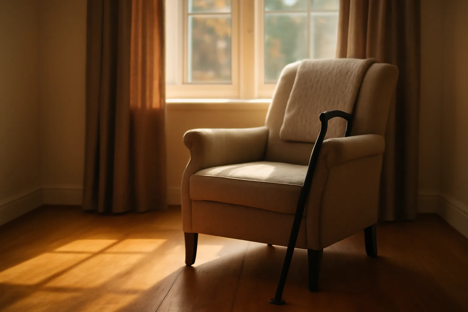 Sunlit living room in a residential care home with an empty armchair and cane