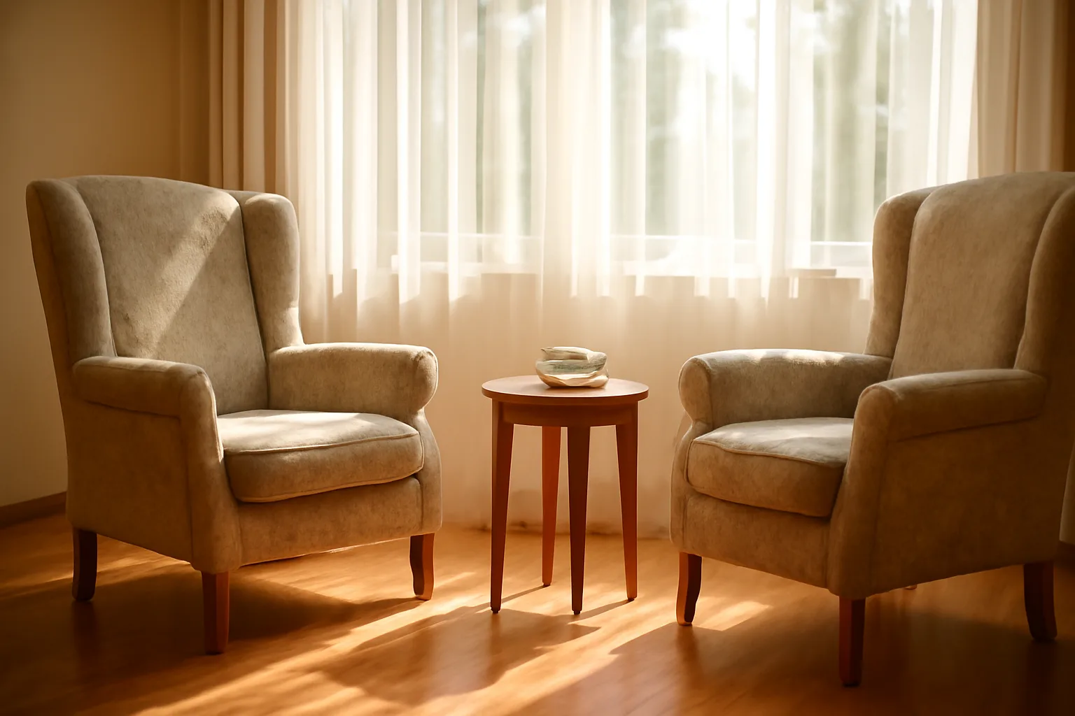 Sunlit living room in a residential assisted living care home with empty armchairs
