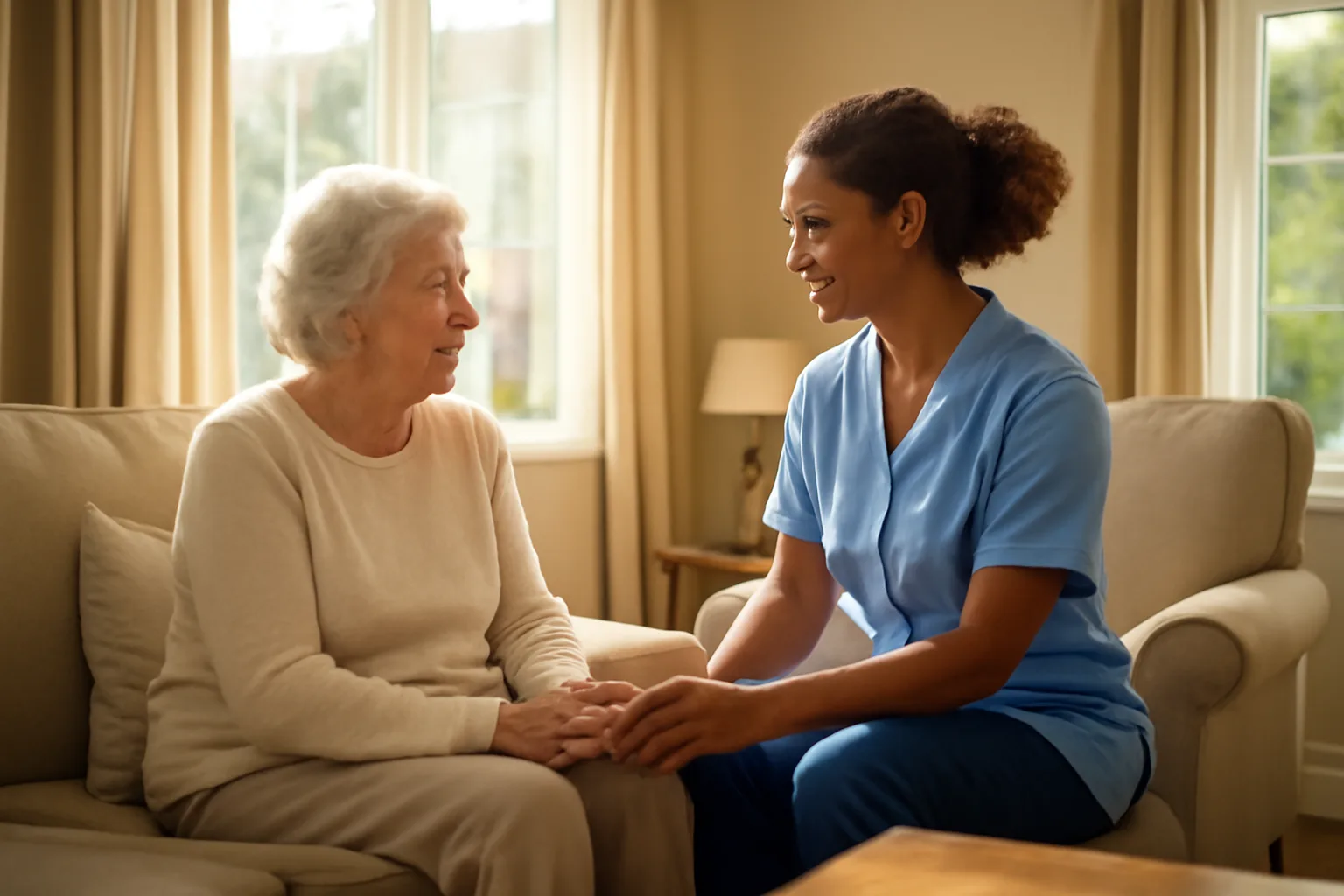 Caregiver and resident sitting together in a bright assisted living residential care home living room