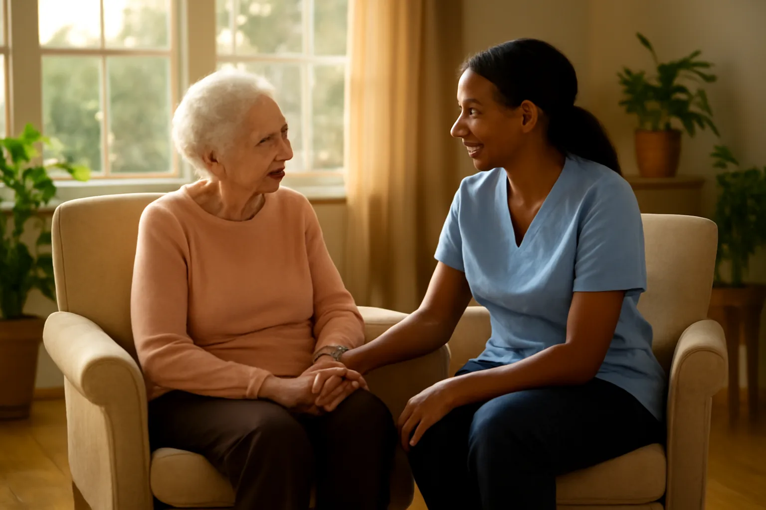 Caregiver and elderly resident sitting together in a residential assisted living home living room