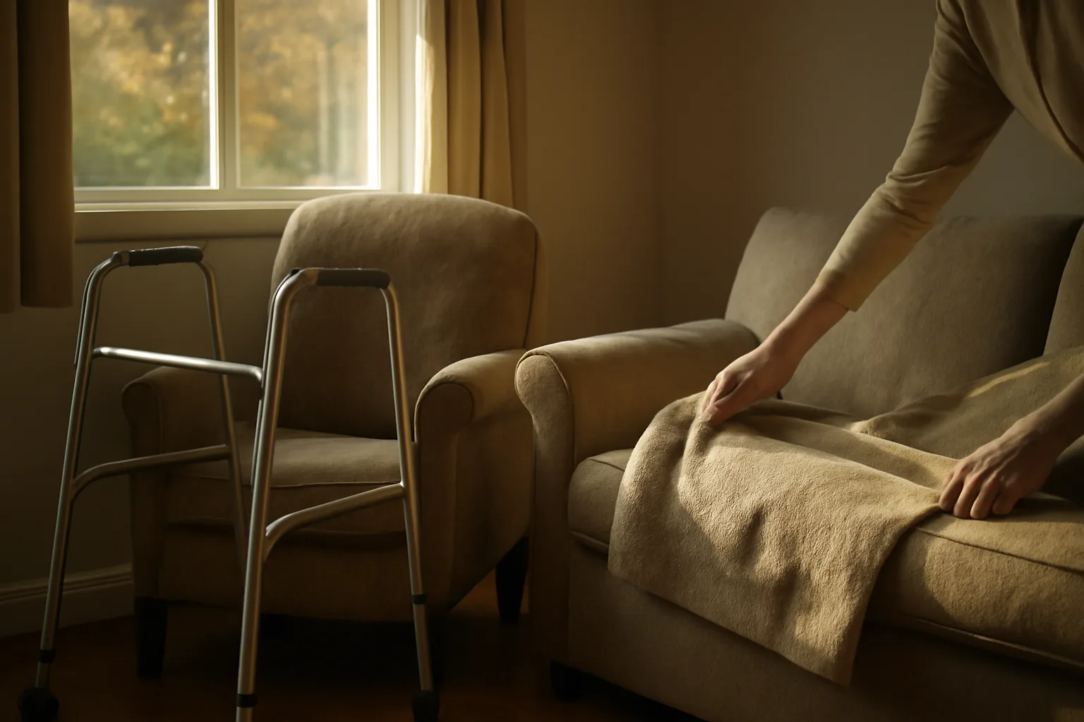Sunlit living room in a small residential care home with a walker beside an armchair