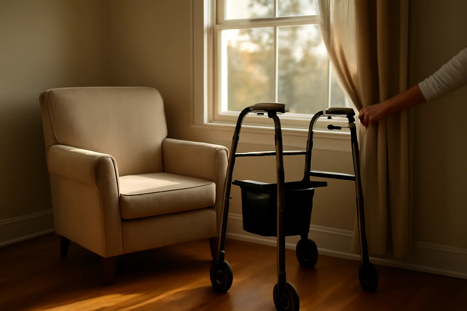 Sunlit living room in an assisted living residential care home with a walker beside a chair